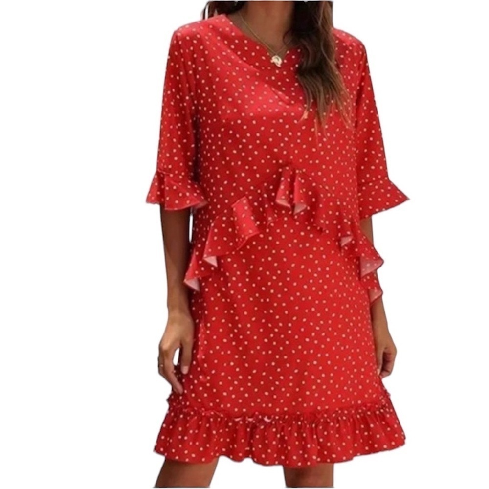Cherfly 2XL Ruffled Midi Dress Flowy Lined Tunic Red White Polka Dot Plus Size